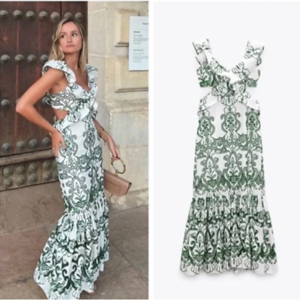 ZARA GREEN EMBROIDERED BACKLESS DRESS
